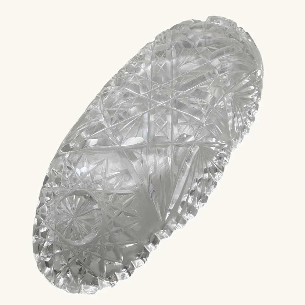 Vintage American Brilliant Cut Glass Celery Dish Relish Tray Starburst Sawtooth